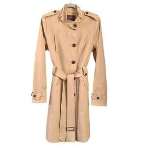 Cole Haan Women Beige Classic Trench Coat High Collar‎ Shoulder Pads Belt Size M